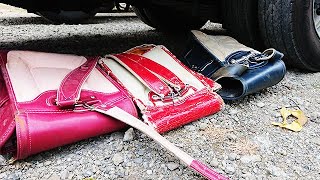 EXPERIMENT:CAR VS 3 randoseru bags Will It CrushRunning Over Stuff With Our Garbage Truck 実験：ランドセル