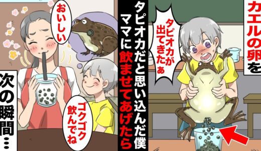 【漫画】タピオカを見たことがない僕は理科の実験で見たカエルの卵をタピオカだと思い込んでしまった…貧乏過ぎてタピオカが買えないママにカエルの卵で特製ドリンクを作って飲ませてあげたら・・・