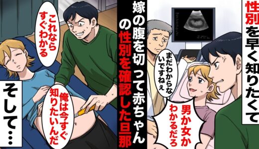 【漫画】嫁のお腹の中にいる赤ちゃんの性別が早く知りたくて、寝ている嫁のお腹をカッターナイフで開いて性別を確認した旦那。性別を確認した瞬間…泣いた。