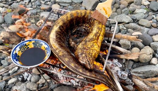 巨大ウツボを焚火に放り込む料理